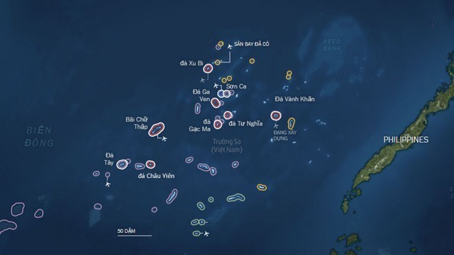 Bản đồ các thực thể Trung Quốc chiếm đóng phi pháp trên quần đảo Trường Sa của Biển Đông Việt Nam