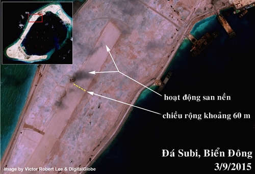 Hình ảnh đường băng được Trung Quốc san nền trái phép trên đá Subi, thuộc quần đảo Trường Sa của Biển Đông Việt Nam