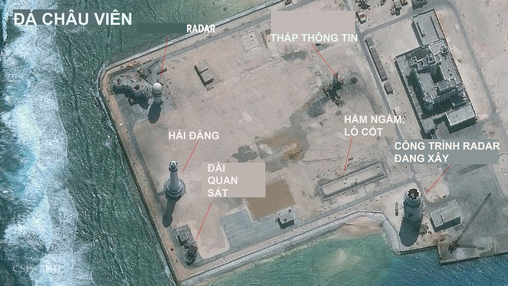 Ảnh vệ tinh chụp các công trình trái phép của Trung Quốc trên Đá Châu Viên thuộc quần đảo Trường Sa của Biển Đông Việt Nam