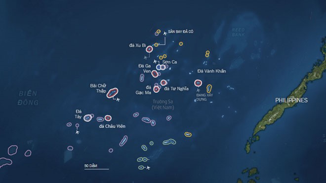 Bản đồ các thực thể Trung Quốc chiếm đóng bất hợp pháp trên quần đảo Trường Sa của Biển Đông Việt Nam