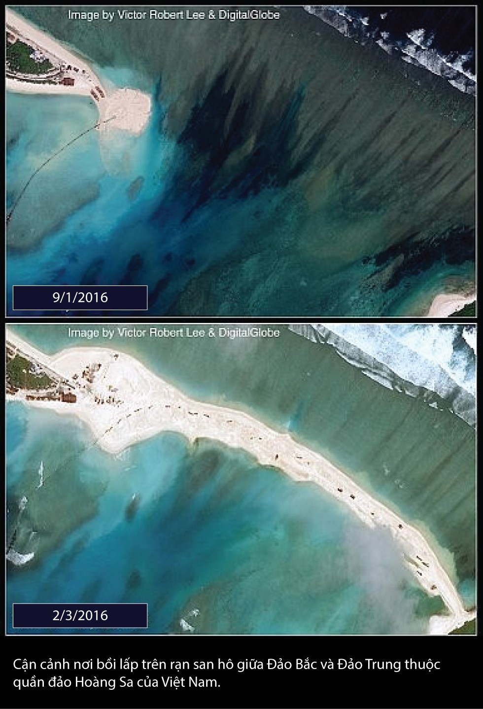 Cận cảnh nơi bồi lấp trên rạn san hô giữa đảo Bắc và đảo Giữa thuộc quần đảo Hoàng Sa của Biển Đông Việt Nam