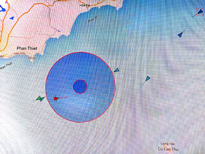 Vị trí tàu cá Việt Nam bị chìm trên vùng Biển Đông ngoài khơi Bình Thuận