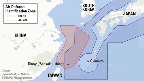 Vùng nhận dạng phòng không Trung Quốc đưa ra trên biển Hoa Đông (màu đỏ)
