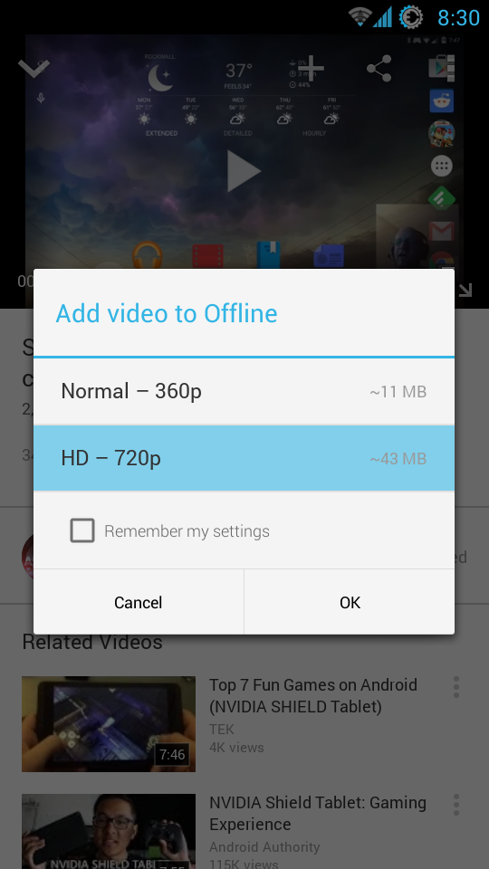 Youtube Offline cũng cho phép tùy chọn độ phân giải tải về