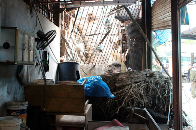 Hiện trường vụ cây xà cừ đổ sập khiến nhiều ki ốt chợ Ngô Sỹ Liên