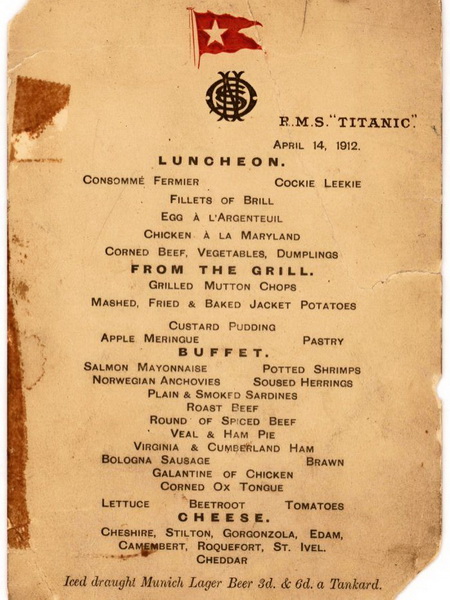 Tờ thực đơn cho bữa trưa cuối cùng trên tàu Titanic huyền thoại được bán với giá 88.000 USD (gần 2 tỷ đồng)