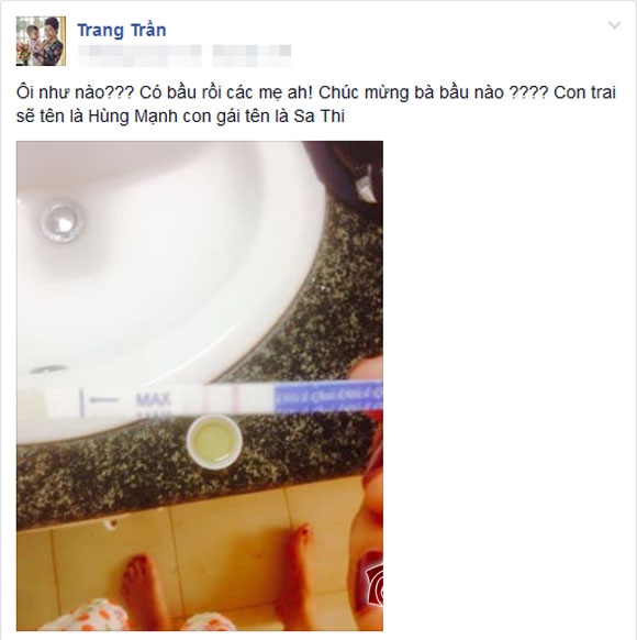 Trang Trần chia sẻ hình ảnh que thử thai trên trang cá nhân