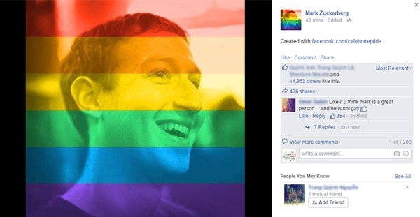 CEO của Facebook, Mark Zuckerberg cũng đã đổi avatar sang phong cách cờ lục sắc theo trào lưu Facebook mới nhất hiện nay