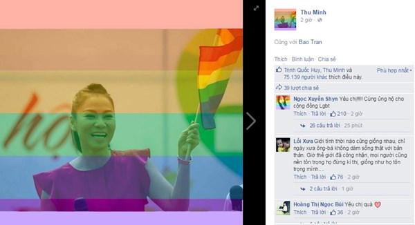 Ca sĩ Thu Minh là một trong những sao Việt hưởng ứng trào Facebook mới nhất hiện nay bằng việc thay avatar lục sắc