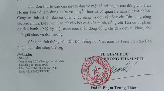Phần trả lời của Công an tỉnh Kiên Giang cho cơ quan báo chí về kết quả xử lý trung tá Tấn.