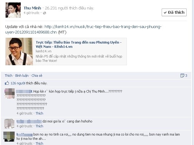 Các fan của Thu Minh bày tỏ bức xúc trên facebook của ca sỹ này