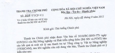 Ảnh chụp công văn mới của Thanh tra Chính phủ tái khẳng định sai phạm của Vigecam 