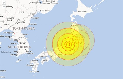 Hình ảnh thể hiện những trận động đất trong hai ngày gần đây ở Nhật Bản. Đồ họa: Myforecast