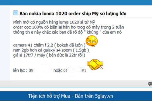 Thông tin nhận đặt hàng trước Nokia Lumia 1020 trên 5giay.vn.