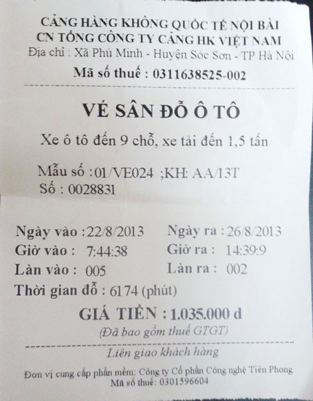 Số tiền chị Nhung phải trả cho 4 ngày gửi xe tại sân bay Nội Bài