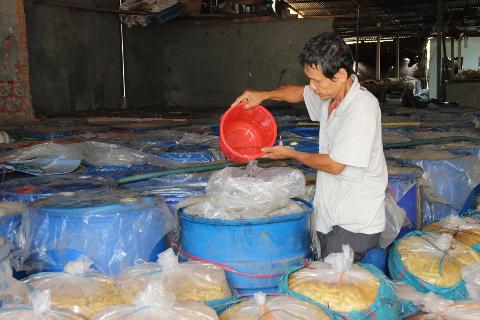 Ông Lâm chăm sóc trở lại lô măng muối 70 tấn có chất acid oxalic sau khi được phòng PC49 Tây Ninh tháo gỡ niêm phong ngày 6/12/2013