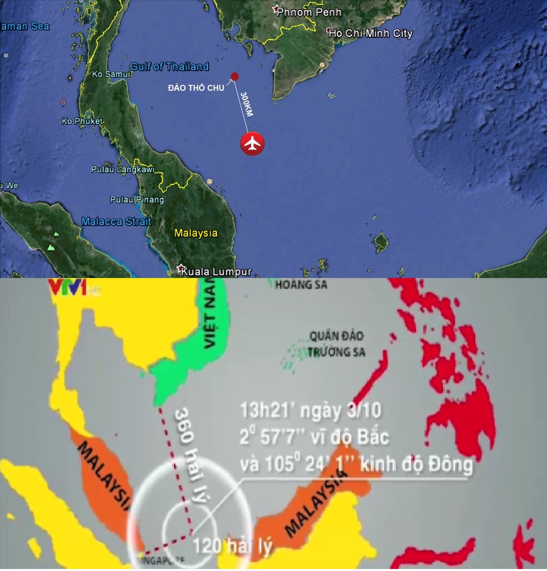 Địa điểm máy bay MH370 của Malaysia gặp nạn và tàu Sunrise 689 mất liên lạc. Ảnh minh họa