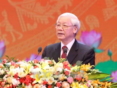 Tổng Bí thư Nguyễn Phú Trọng đọc Diễn văn tại Lễ kỷ niệm. Ảnh: Phương Hoa/TTXVN