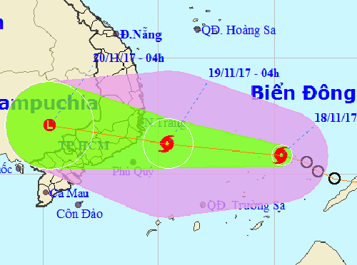 Bão số 14 giật cấp 11 cách tỉnh Khánh Hòa-Ninh Thuận-Bình Thuận khoảng 510 km