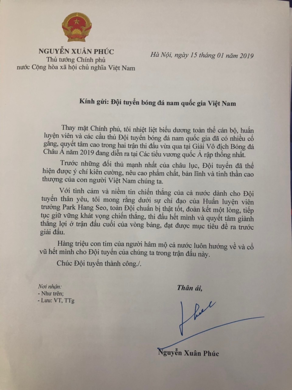 Thủ tướng Nguyễn Xuân Phúc gửi thư động viên Đội tuyển bóng đá Việt Nam tại Asian Cup 2019