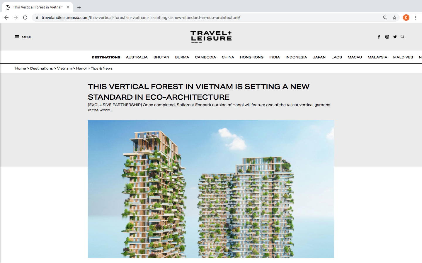 Tạp chí danh tiếng của Mỹ dành vị trí nối bật trang chủ viết về tòa tháp xanh cao nhất của Việt Nam