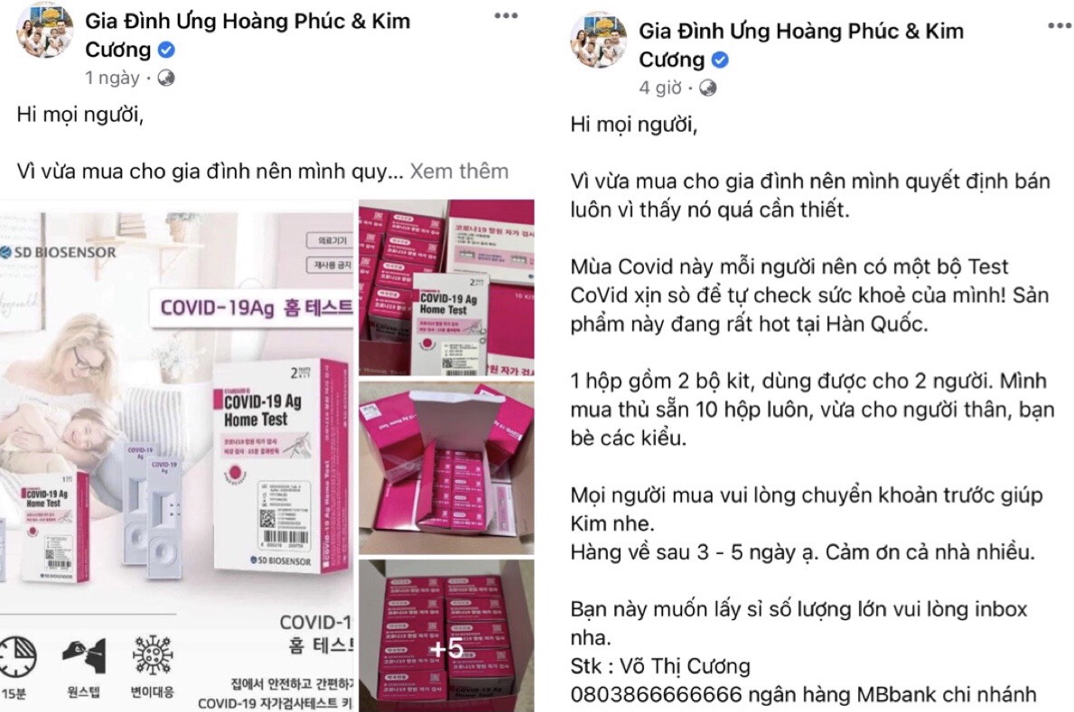 Dù Bộ Y tế đã cảnh báo, vợ chồng ca sĩ Ưng Hoàng Phúc và Kim Cương vẫn rao bán kit-test Covid-19 trên mạng xã hội