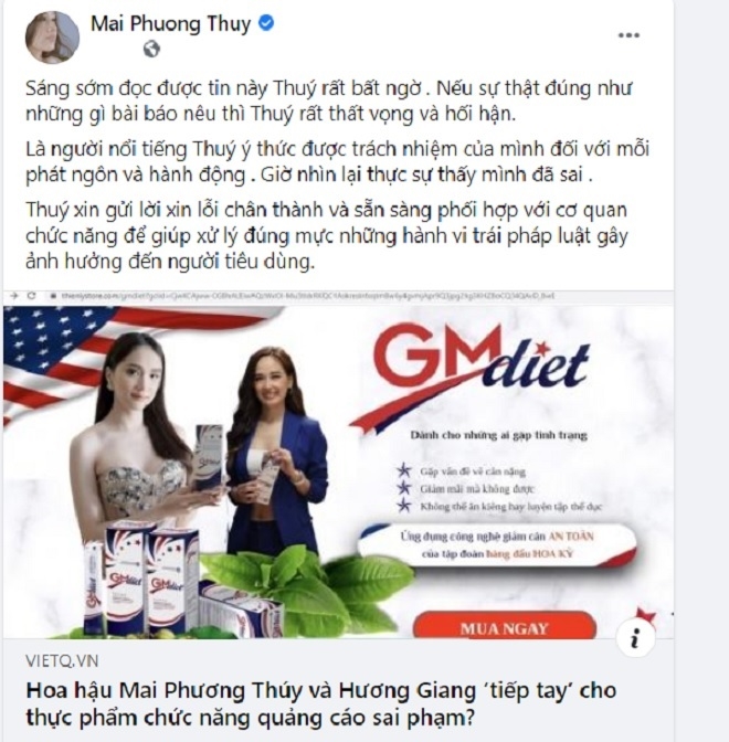 Sau phản ánh của VietQ về việc quảng cáo sản phẩm sai sự thật, Mai Phương Thúy đăng đàn xin lỗi 