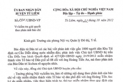 Hồi âm: Huyện Từ Liêm chỉ đạo xác minh thông tin CLVN nêu
