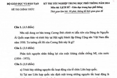 Đáp án môn Lịch Sử đề thi tốt nghiệp THPT 2014 