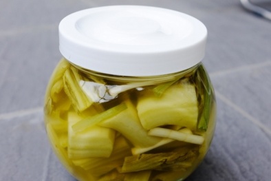 Muối dưa trong bình nhựa - mang họa vào thân