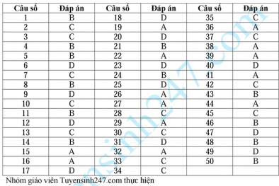 Đáp án đề thi môn Vật Lý kỳ thi THPT Quốc gia 2015