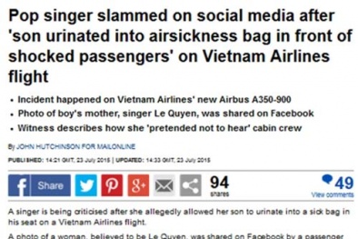 'Ca sĩ Việt cho con tè vào túi nôn trên máy bay' lên báo Tây