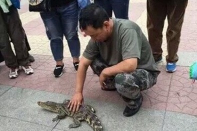 Trung Quốc: Người đàn ông gây sốc khi tự tin dắt cá sấu cưng đi dạo