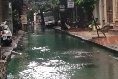 Hà Nội: Sau cơn mưa bất ngờ xuất hiện dòng nước xanh cực lạ trên phố