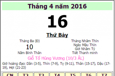 Lịch nghỉ Lễ Giỗ tổ Hùng Vương 2016 