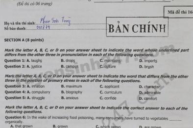 Đáp án đề thi môn Tiếng Anh THPT Quốc gia năm 2016 mã đề 168 và 852