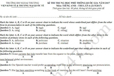Đáp án đề thi thử môn Tiếng Anh thi THPT Quốc gia 2017