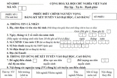 Cách điền Phiếu điều chỉnh nguyện vọng xét tuyển đại học, cao đẳng