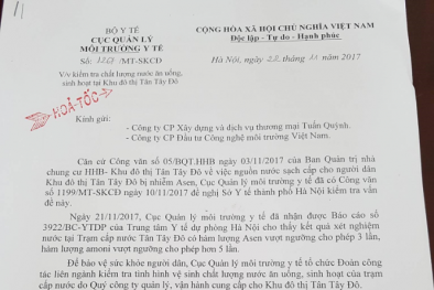 Nước sinh hoạt nhiễm asen tại Tân Tây Đô: Công văn hỏa tốc từ Cục Quản lý Môi trường Y tế