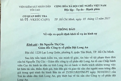 Khởi tố hình sự vụ sai phạm trong thi hành án tại Dệt Long An