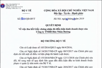 Thu hồi Giấy chứng nhận đủ điều kiện kinh doanh dược của Công ty TNHH Đức Nhân Đường