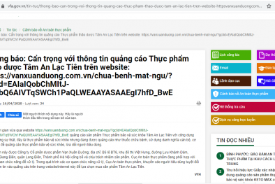 Cẩn trọng thông tin quảng cáo Thực phẩm thảo dược Tâm An Lạc Tiên trên website giả mạo