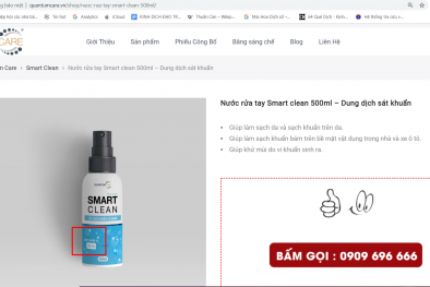 Sở Y tế Long An không cấp cụm từ sạch khuẩn 99,9% cho mỹ phẩm smart clean nước rửa tay
