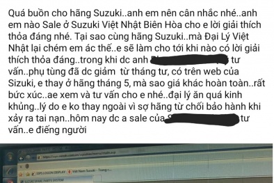 Đại lý xe ô tô Suzuki tính giá phụ tùng quá cao, khách bức xúc phản ánh