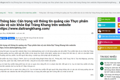 Cẩn trọng thông tin quảng cáo Thực phẩm bảo vệ sức khỏe Đại Tràng Khang trên web trôi nổi