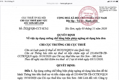 Vì sao công ty CP cơ khí và kết cấu Sóc Sơn bị cưỡng chế hóa đơn?