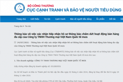Thêm một doanh nghiệp kinh doanh đa cấp ngừng hoạt động