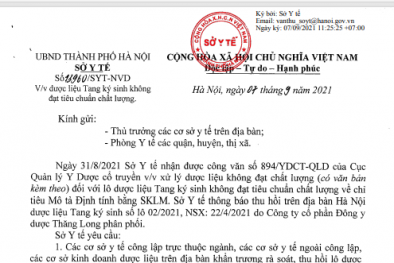Thu hồi lô dược liệu không đạt chất lượng do Đông y Dược Thăng Long phân phối