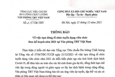 Văn phòng TBT Việt Nam thông báo ngừng tuyển dụng viên chức năm 2021