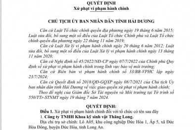 Xử phạt Công ty Khoa kỹ sinh vật Thăng Long do vi phạm về môi trường